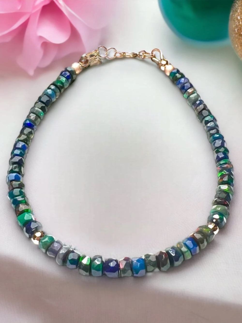 Handmade Solid 14k Rose Gold | October Birthstone | Natural Black Opal Bracelet